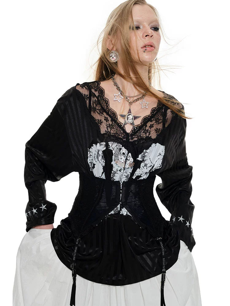 Black &amp; White Strap Lace Corset Belt - CHINASQUAD