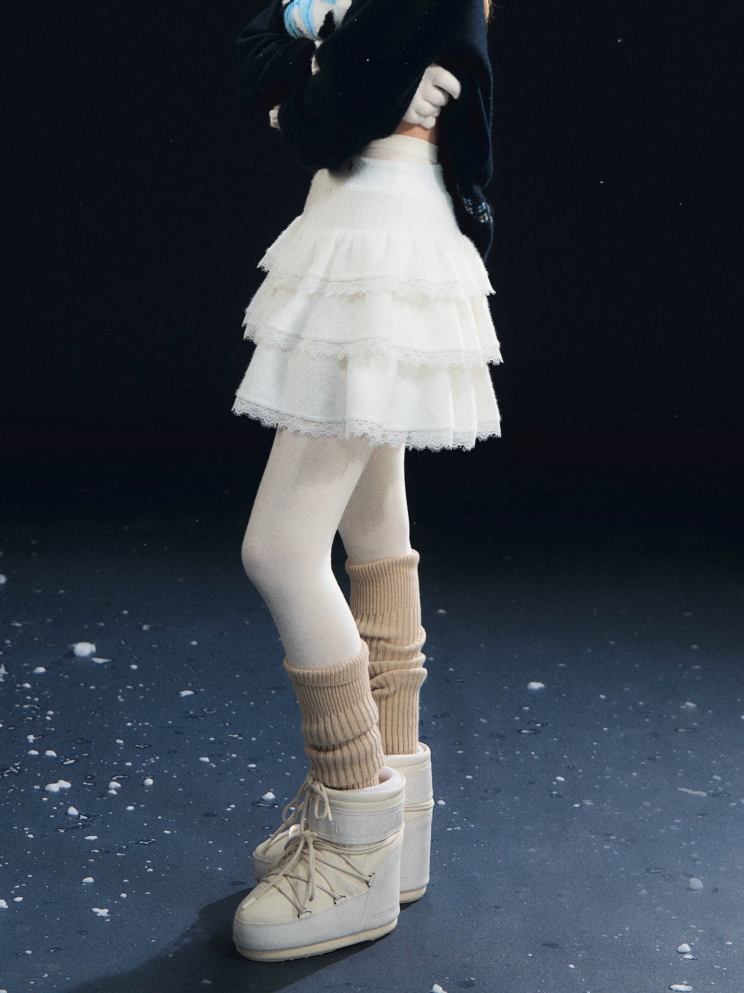 Lace-Panel Velvety Tiered Skirt