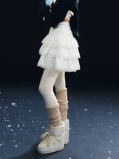 Lace-Panel Velvety Tiered Skirt