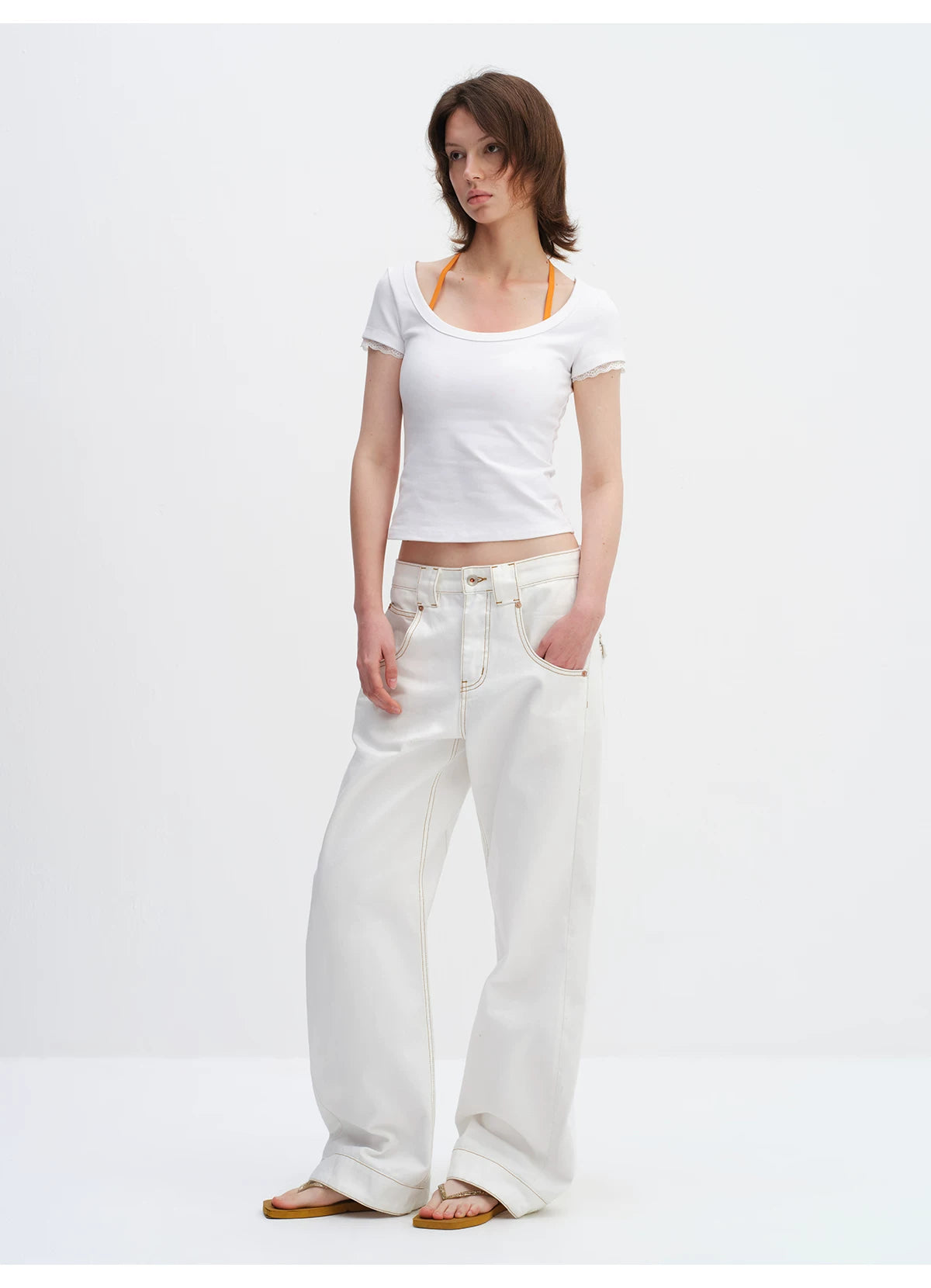 Lace Trim Scoop Neck Fitted Cotton T-Shirt