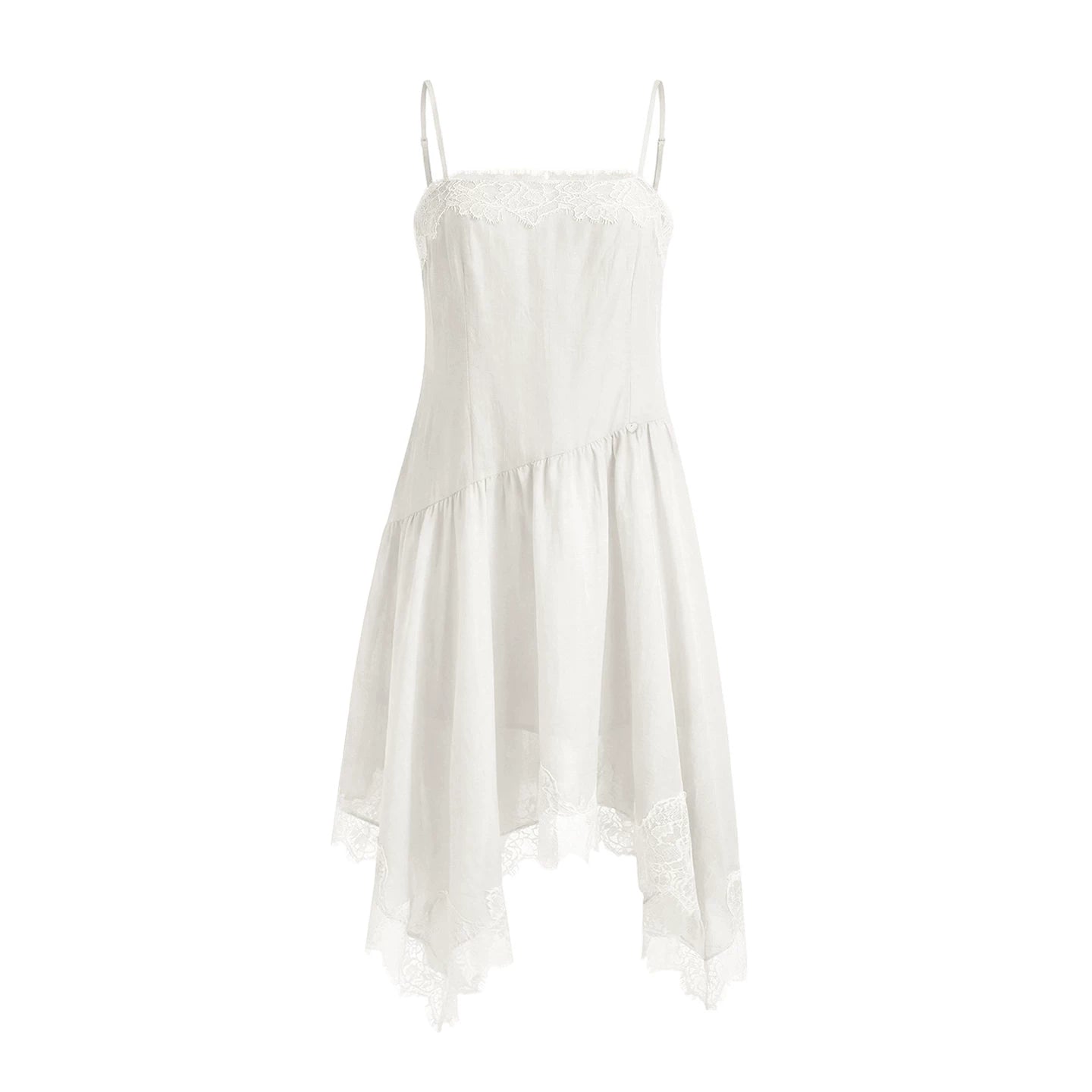 Asymmetric Lace-Trim Slip Midi Dress