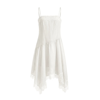 Asymmetric Lace-Trim Slip Midi Dress