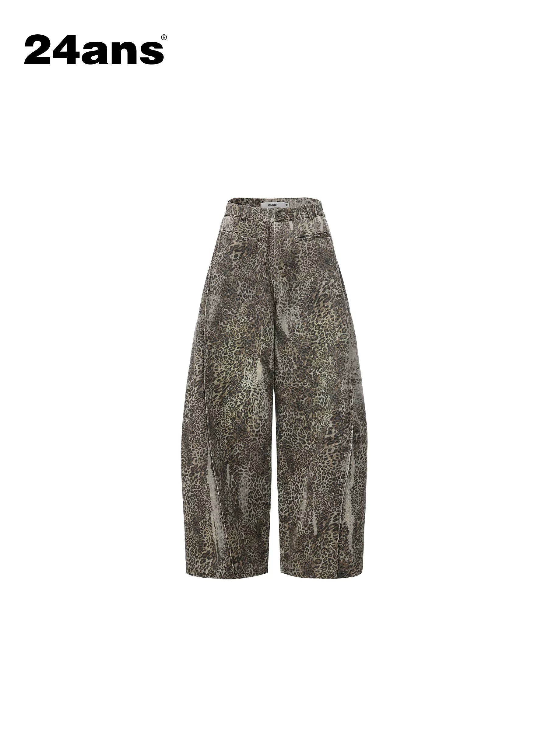 Vintage Washed Leopard Print Oversized Denim Jeans