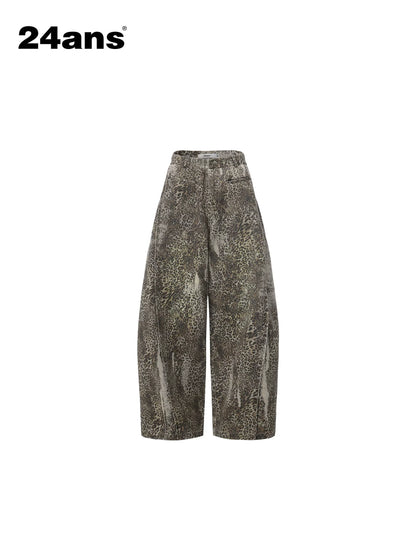 Vintage Washed Leopard Print Oversized Denim Jeans