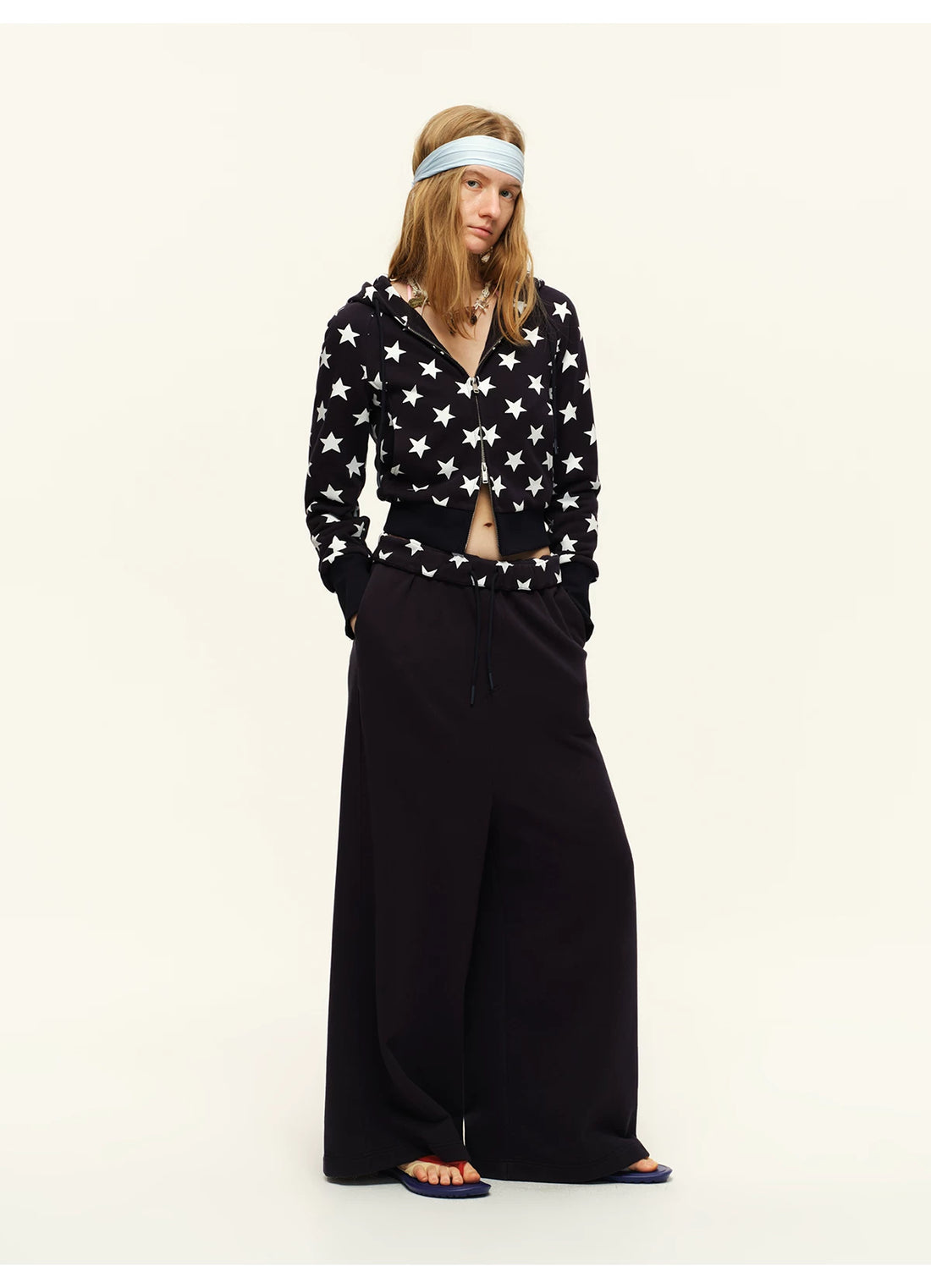 Double-Zip Star Print Cotton Hooded Jacket