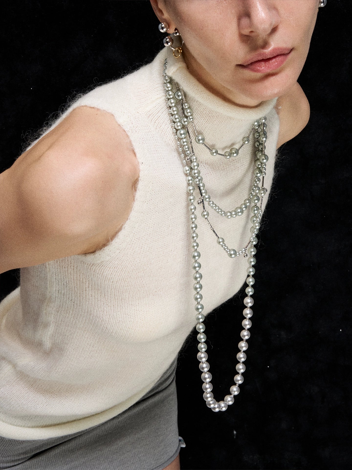 Silver Layered Pearl Sweater Necklace