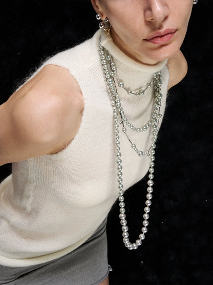 Silver Layered Pearl Sweater Necklace