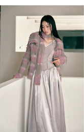 Purple & Khaki Striped Fuzzy Cardigan - CHINASQUAD