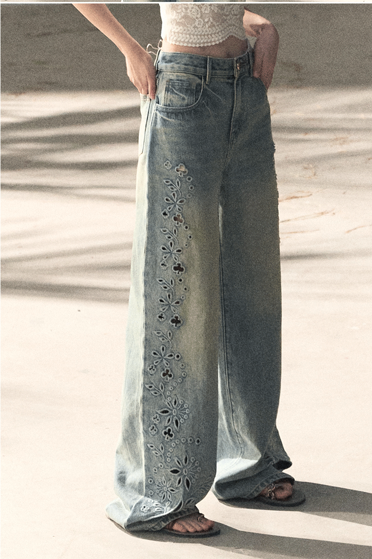 Washed Straight-Leg Wide Denim Pants