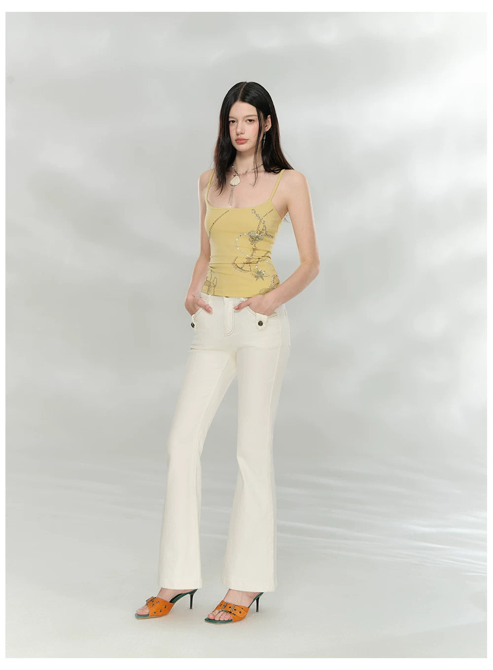 Slim Fit Bamboo-Texture Flared Denim Pants