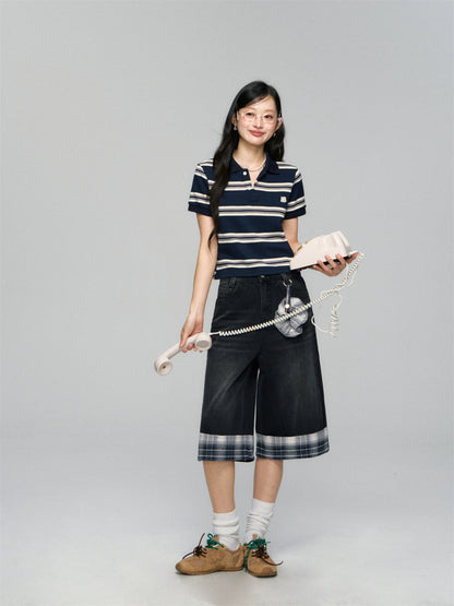Polo-Collar Striped Color-Blocking T-shirt - CHINASQUAD