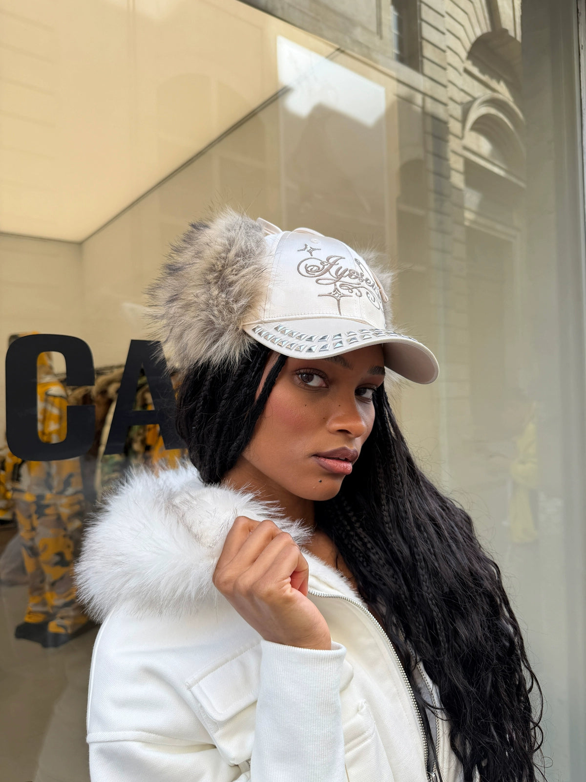 Rhinestone Ear-Flap Furry Baseball Cap