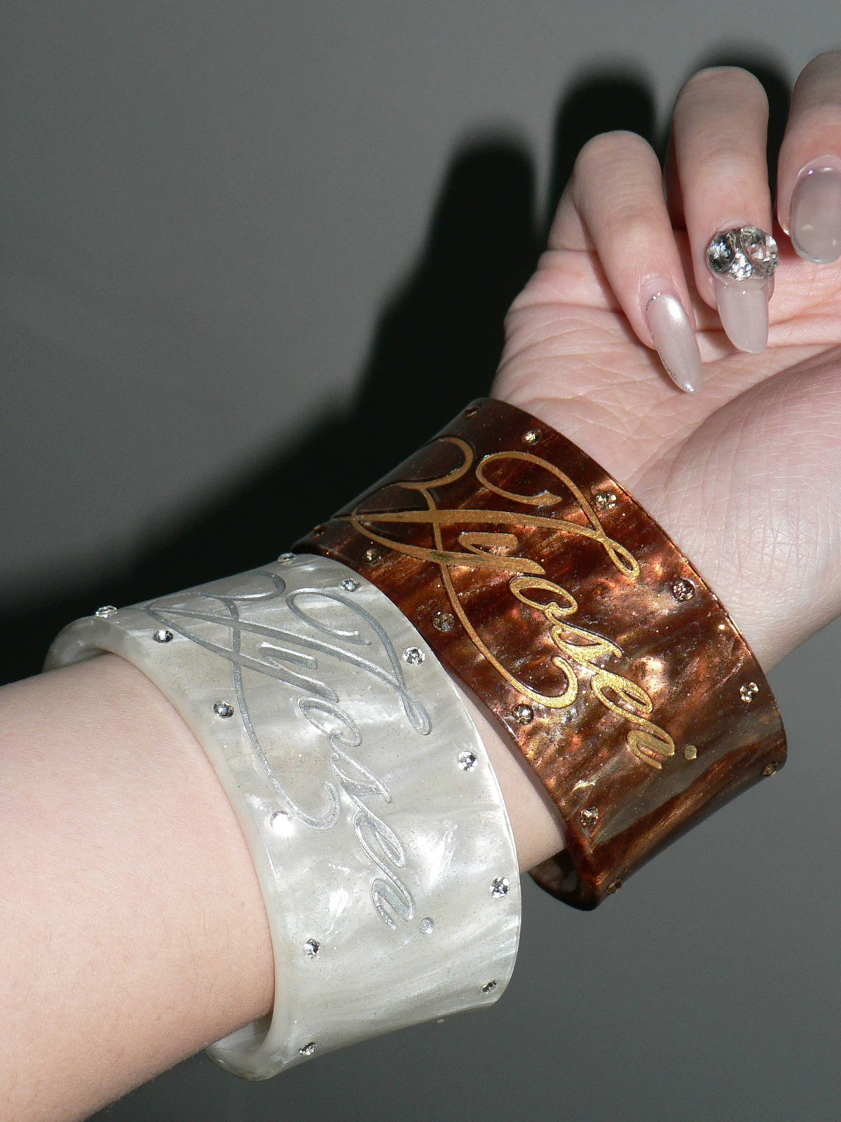 Vintage Crystal-Embellished Acrylic Wide Cuff Bracelet