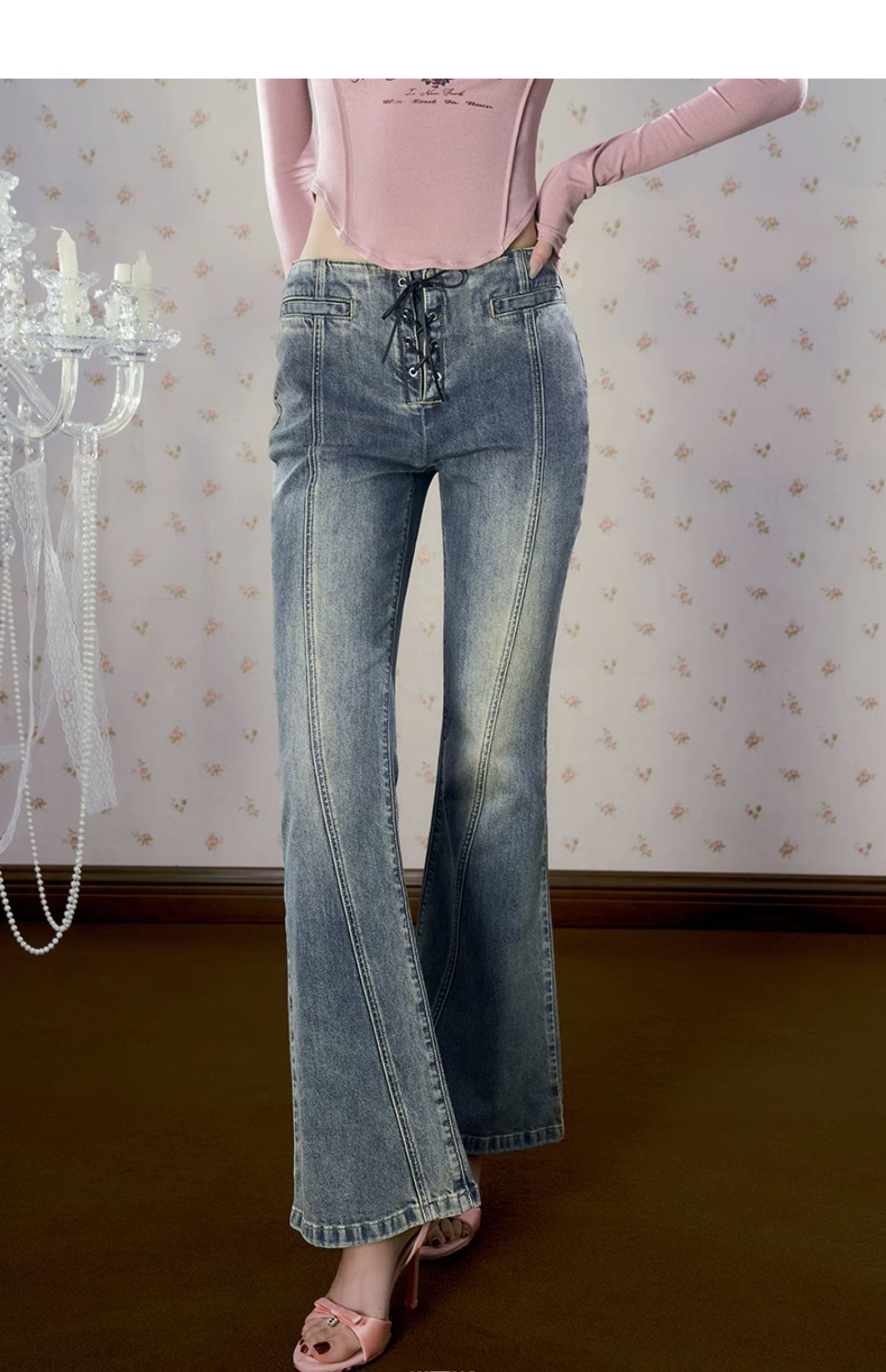 Blue Denim High-waist Flared Pants - CHINASQUAD