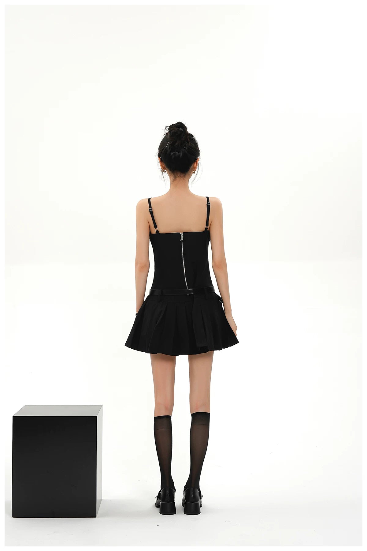 Asymmetric Zip-Back Pleated Camisole Dress