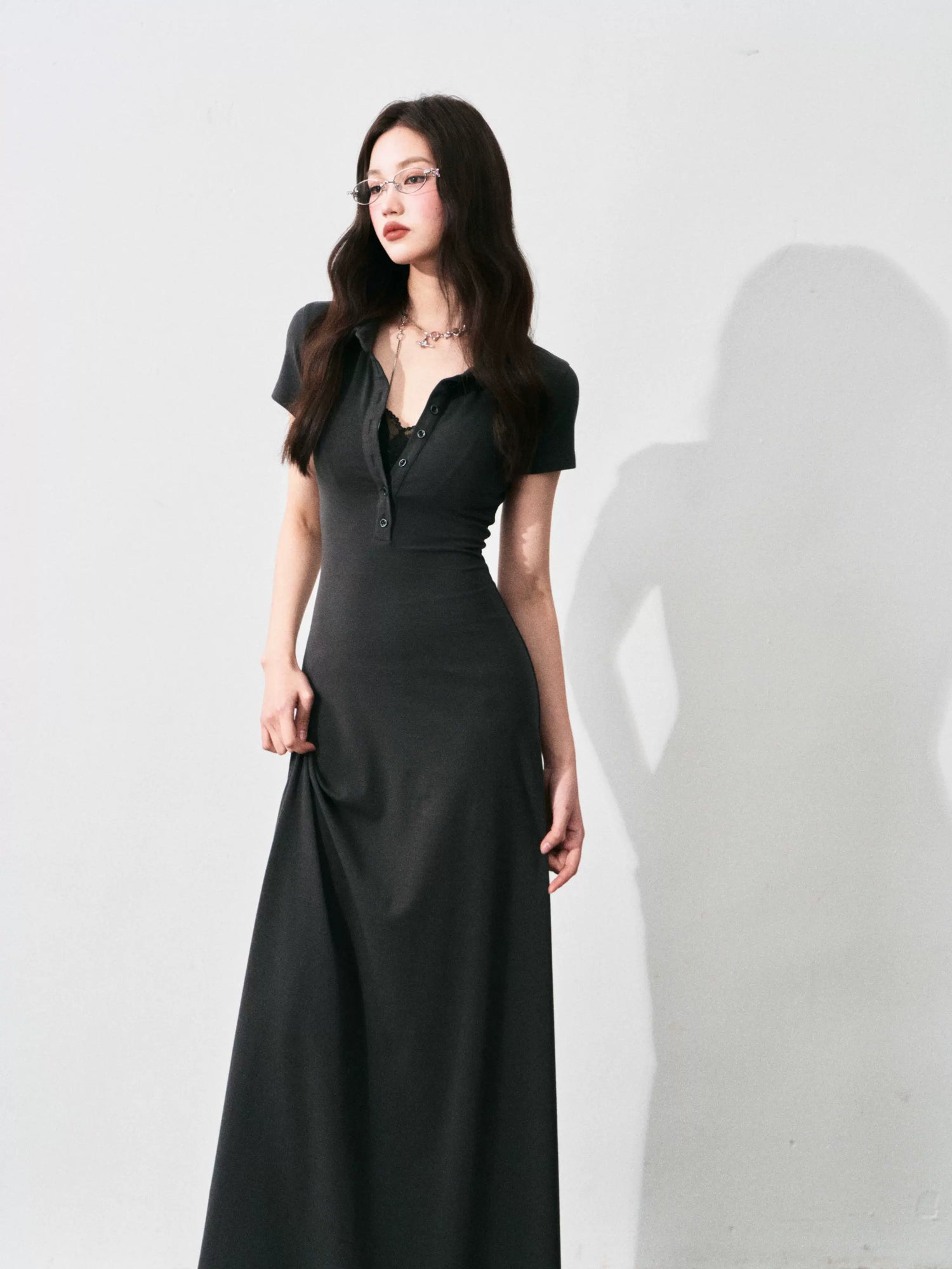 Half-Placket Polo Collar Knit Maxi Dress