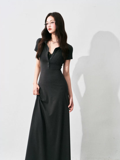 Half-Placket Polo Collar Knit Maxi Dress