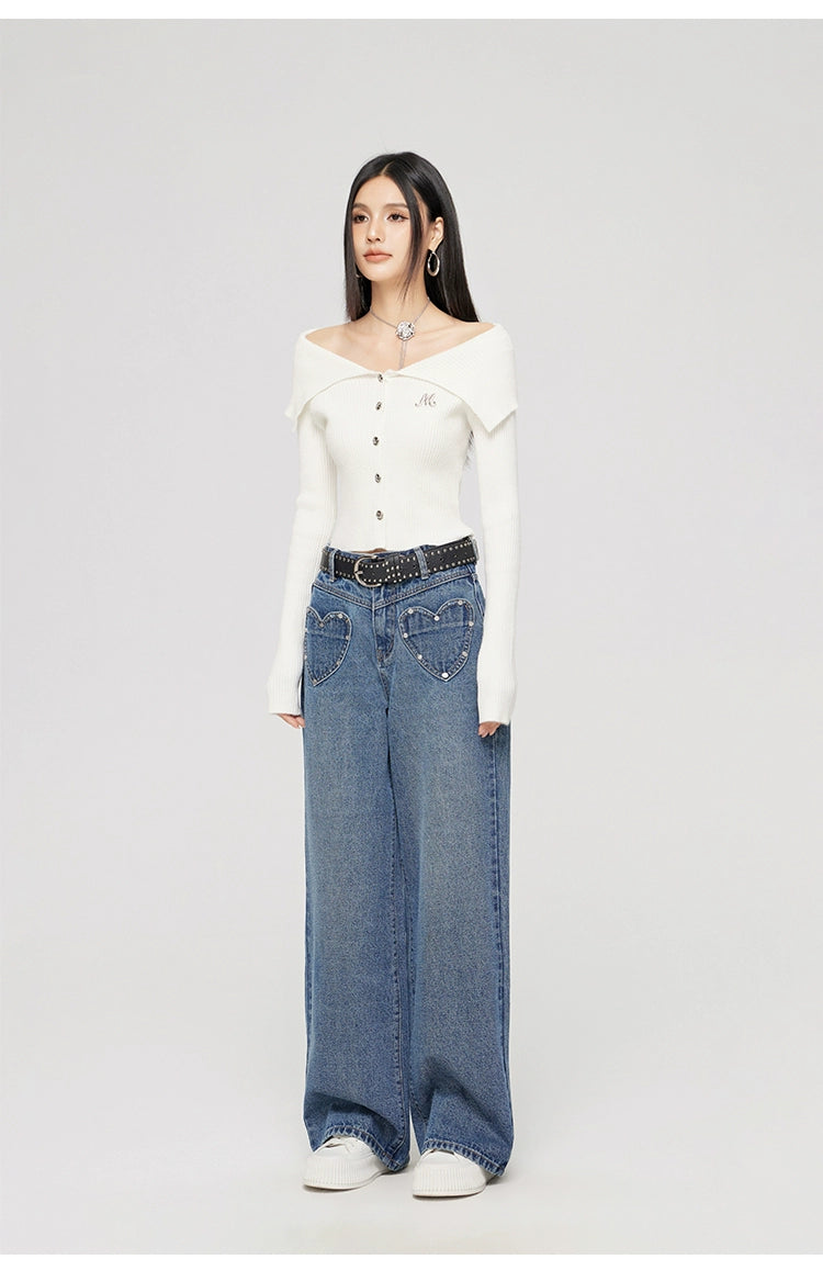 Heart-shaped Pocket Wide Leg Jeans - CHINASQUAD