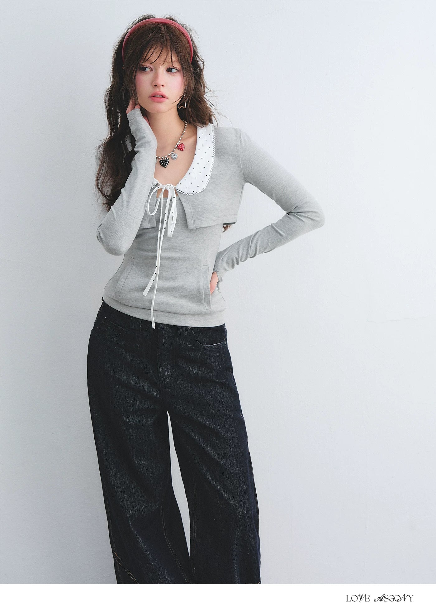 Polka Dot Lace Collar Long Sleeve Cardigan &amp; Cami Two-Piece Set