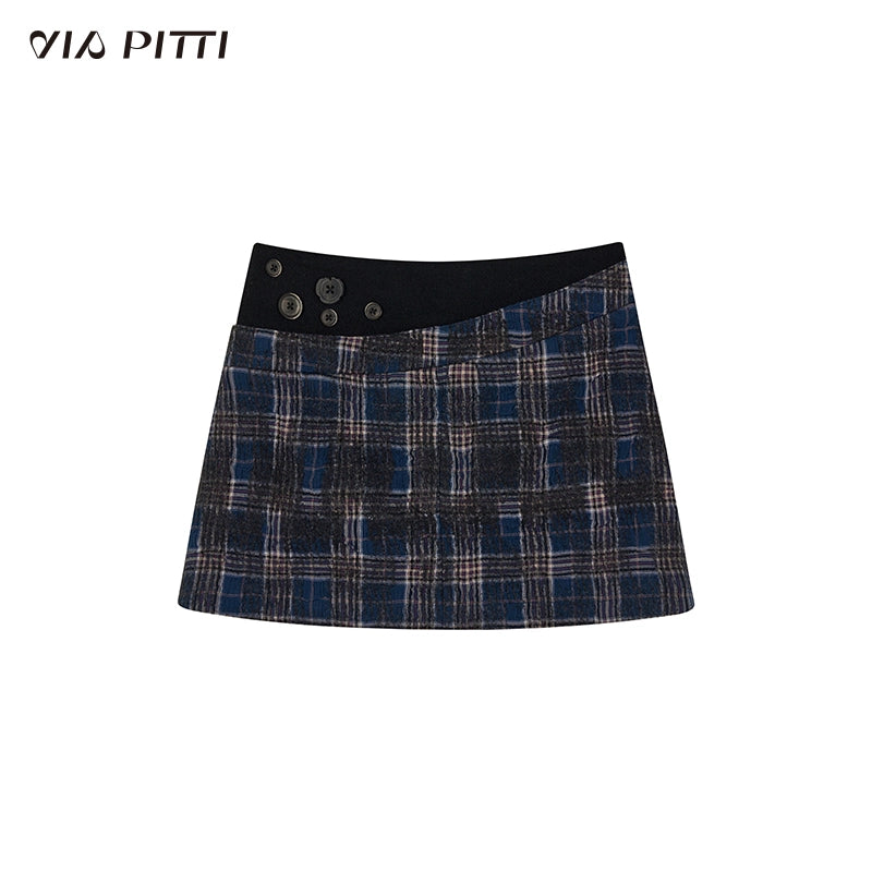 Plaid Button Patchwork A-Line Skirt