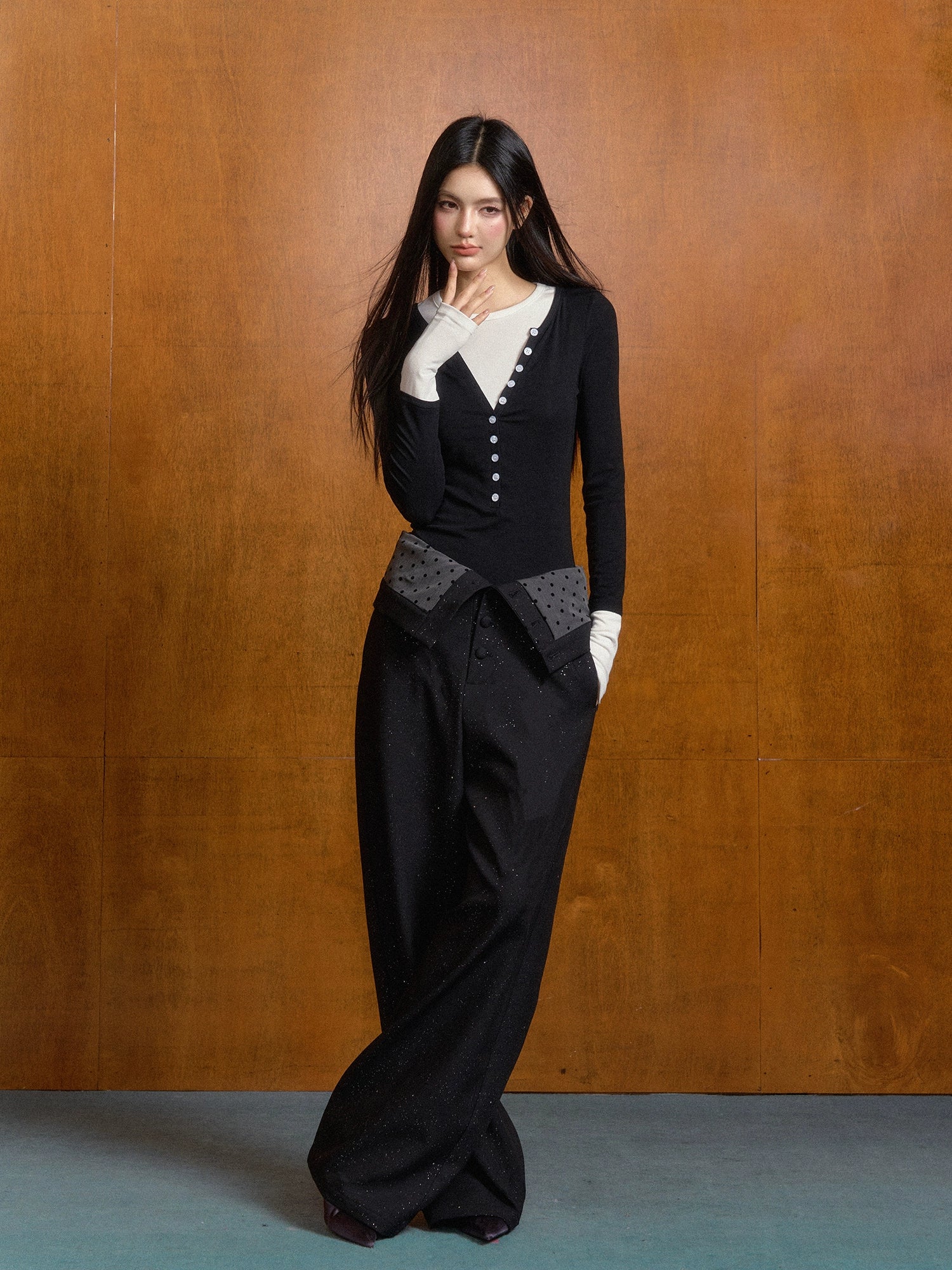 Polka Dot Contrast High-waist Suit Pants