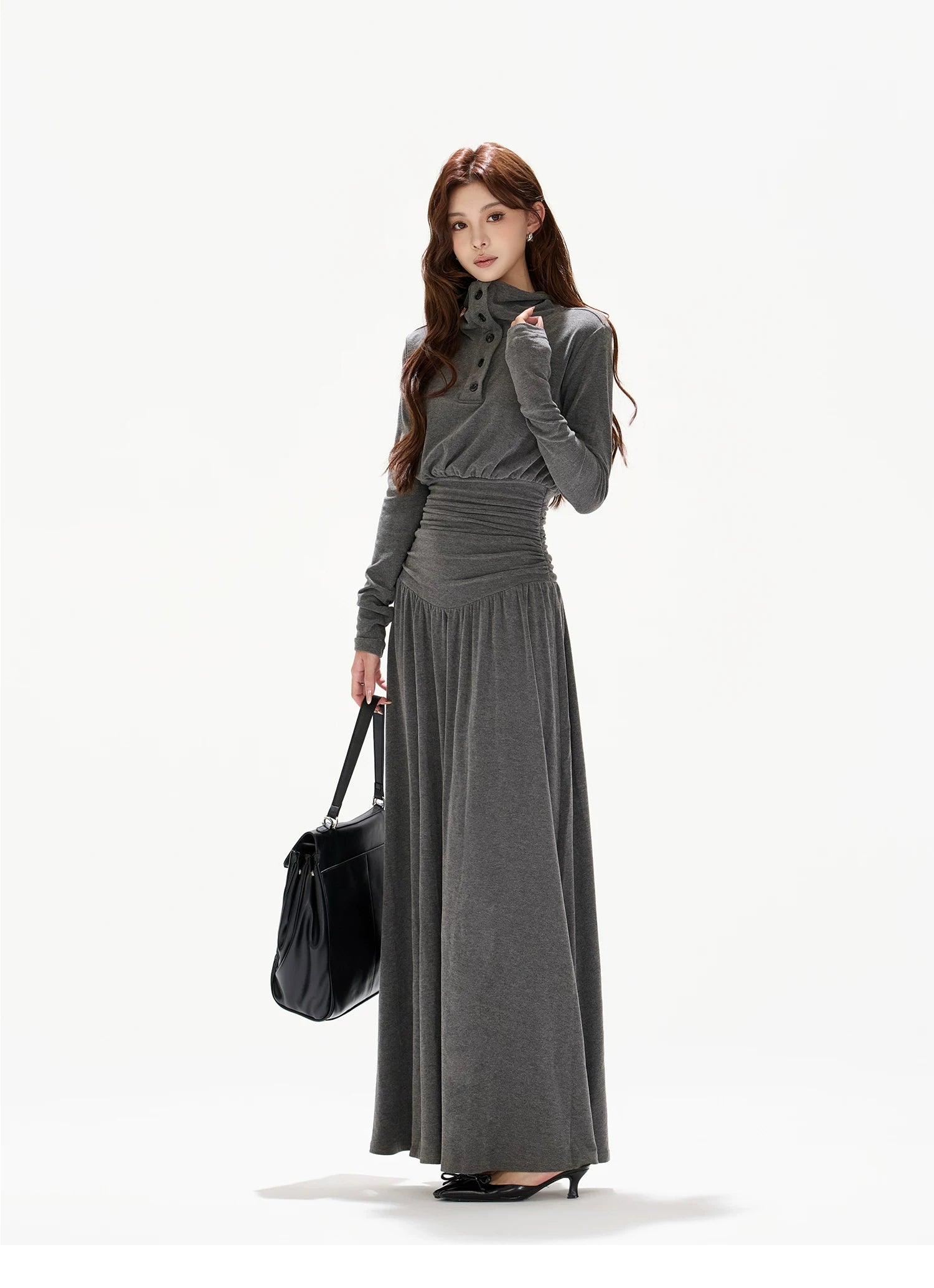 Pleated Waist-Defining A-Line Maxi Dress