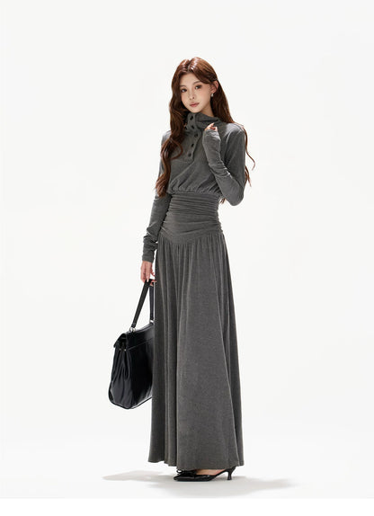 Pleated Waist-Defining A-Line Maxi Dress