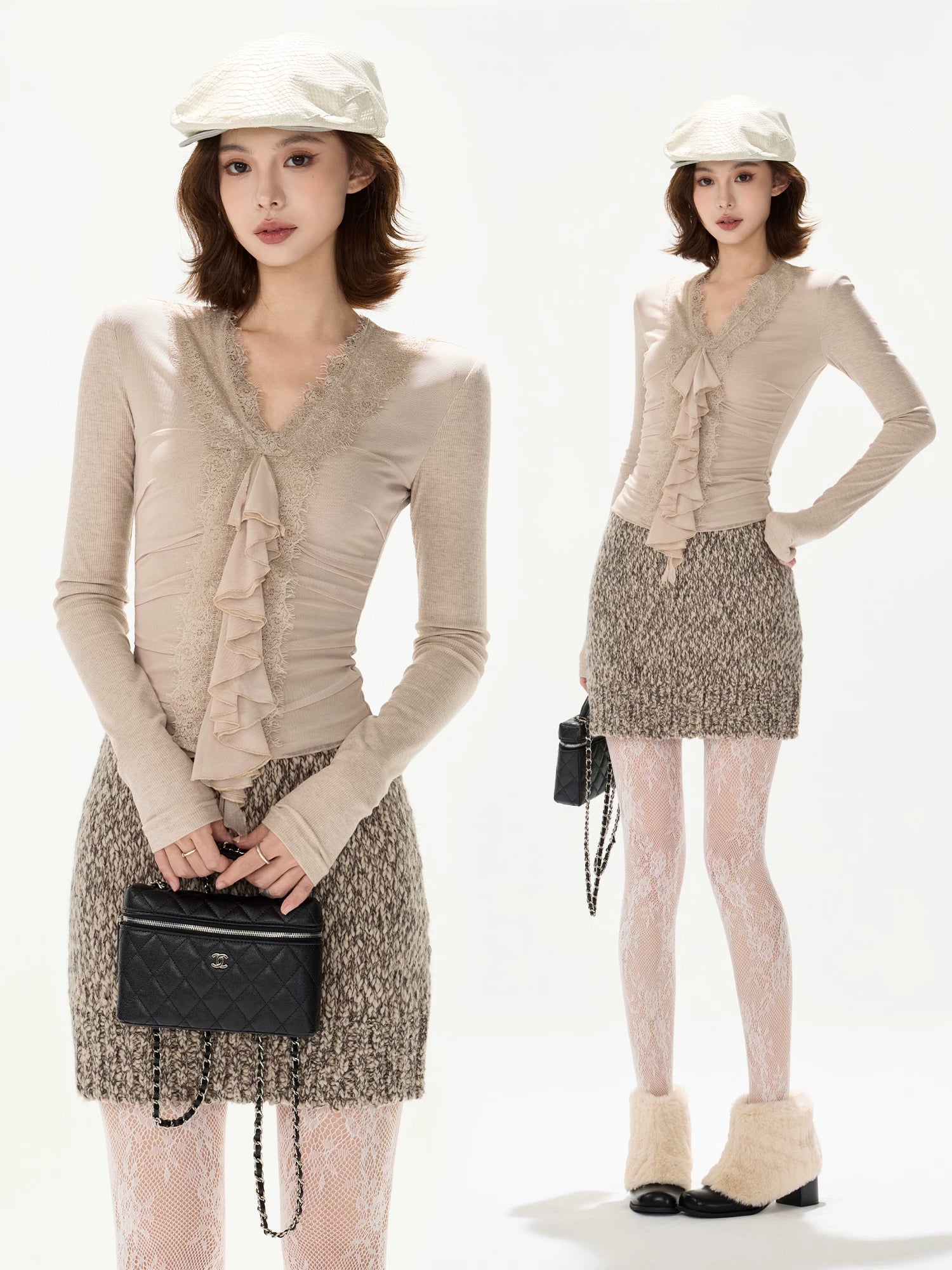 Elegant Lace Ruffle Knit V-Neck Top