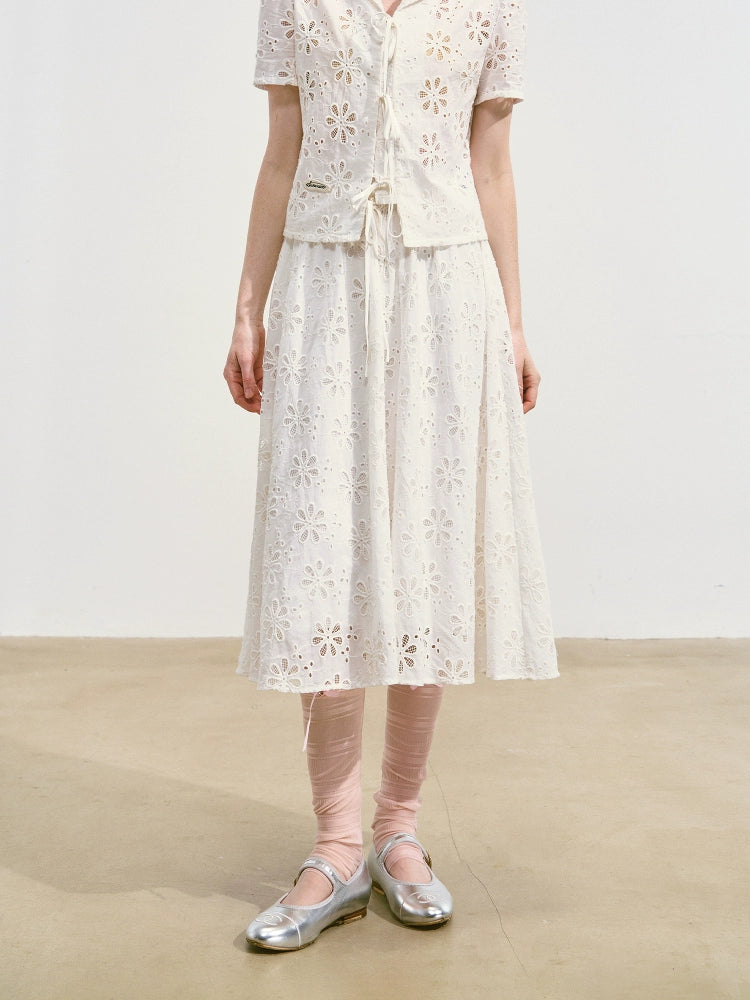 Hollow-out Flower Tie-up Short-Sleeve Top &amp; Skirt Set