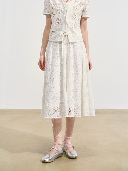 Hollow-out Flower Tie-up Short-Sleeve Top &amp; Skirt Set