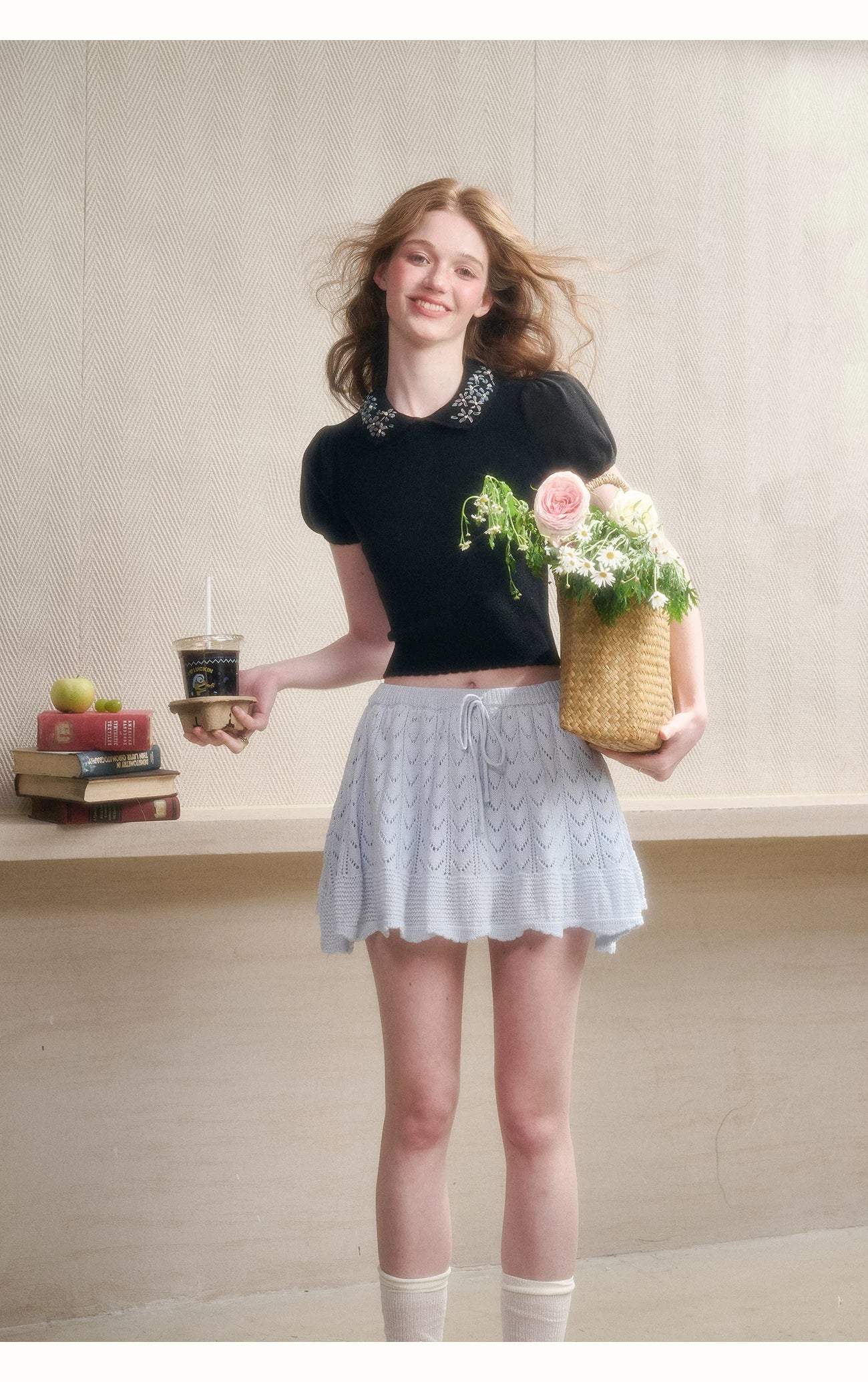 Frozen Flower Ribbon Embroidered Knit Top