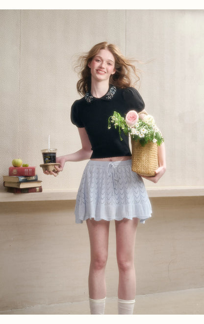 Frozen Flower Ribbon Embroidered Knit Top