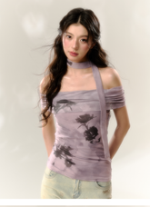 Purple Butterfly & Pink Butterfly Mesh One-shoulder T-shirt - CHINASQUAD