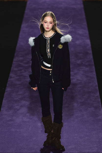 Wool-Blend Faux Fur Trimmed Fleece Hoodie