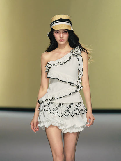 Asymmetric Rose-Trim Layered Top &amp; Puff Bloomers Set