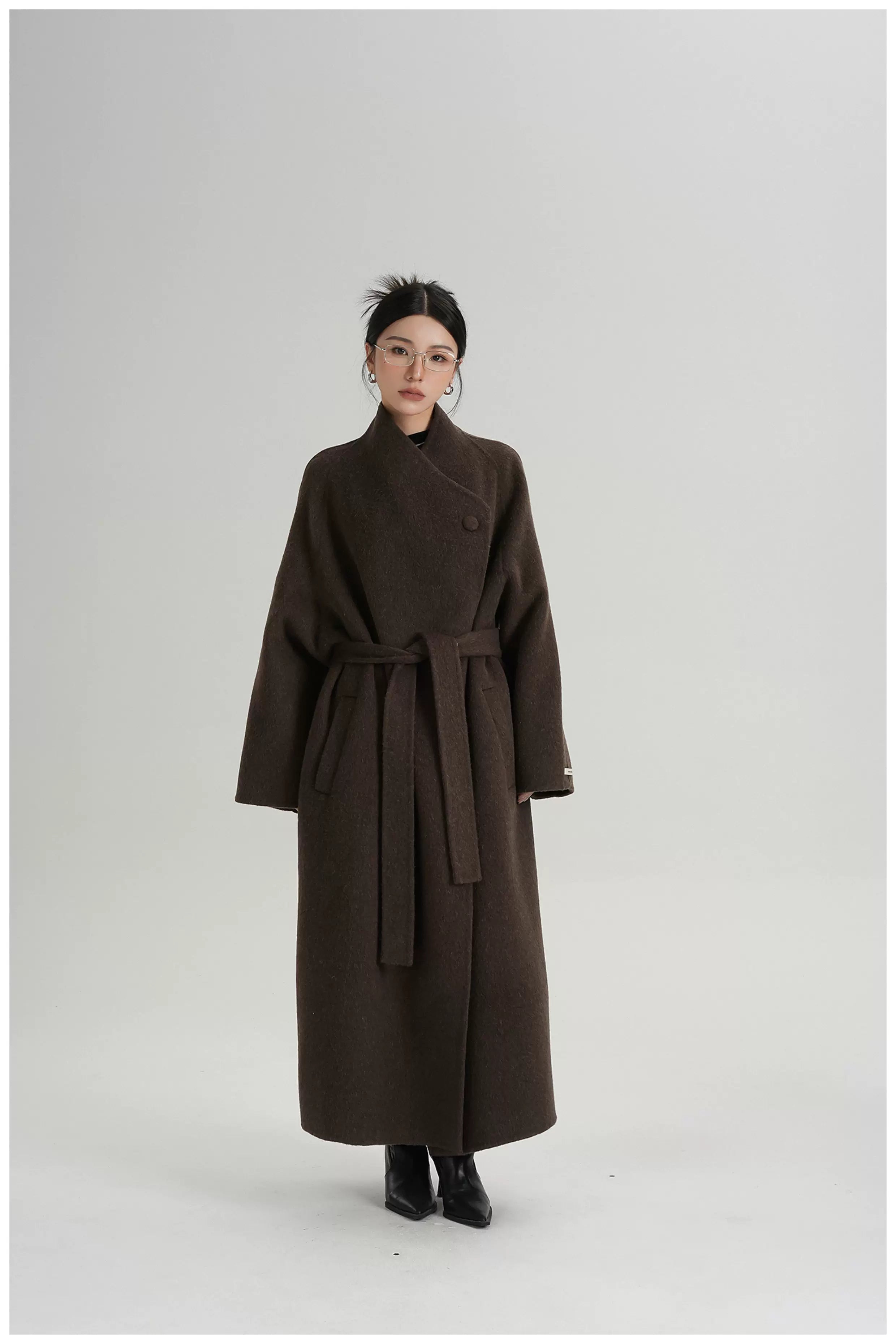 Asymmetric Button Long Wool Coat