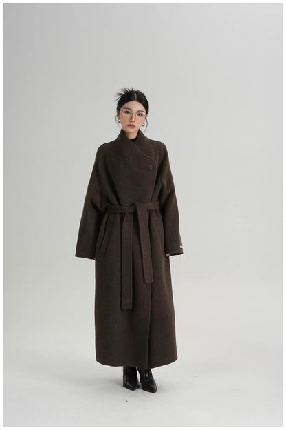 Asymmetric Button Long Wool Coat