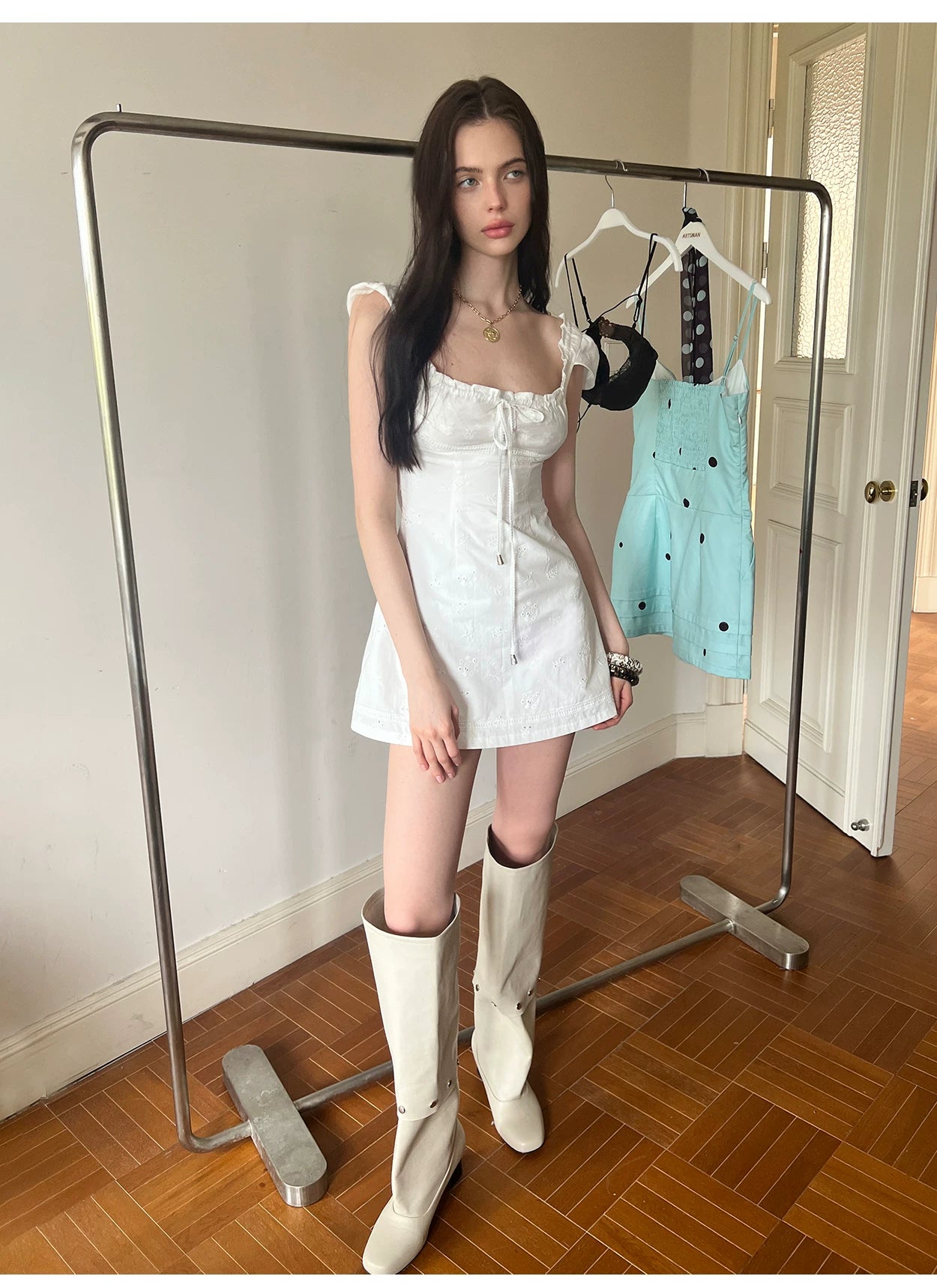 Square-Neck Lace-Up Mini Dress NeverMore