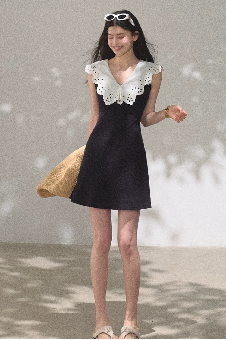 Shifting Tree Shadow Cotton Backless Waist-Cinched Vacation Dress