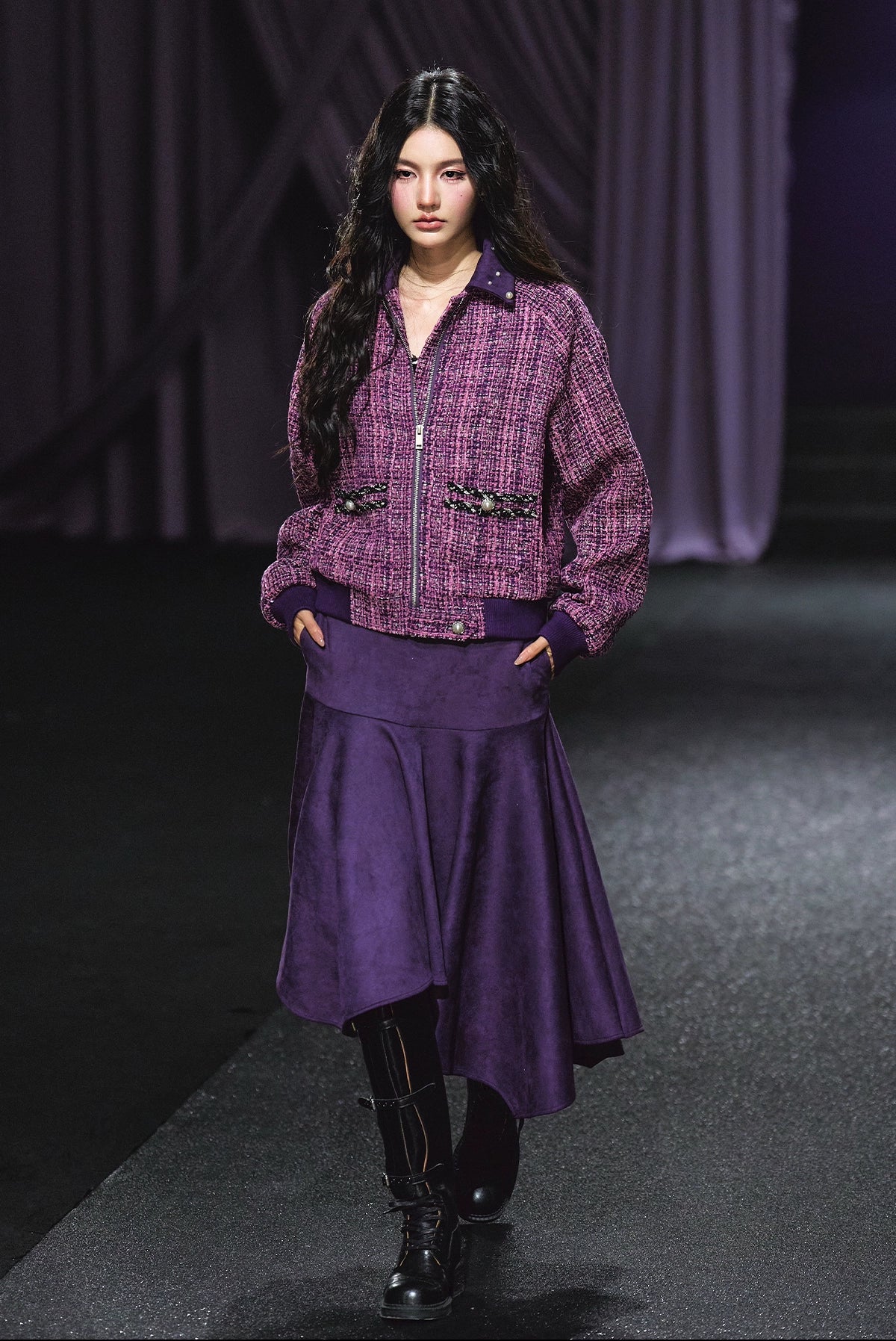 Suede Patchwork Tweed Jacket &amp; Asymmetric A-Line Skirt Set