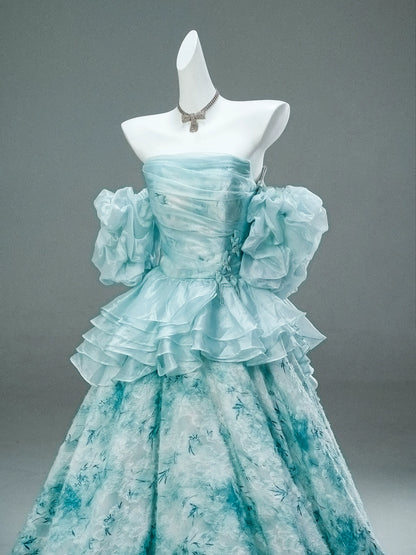 GULI Aqua Floral Tulle Gown with Ruffled Sleeves