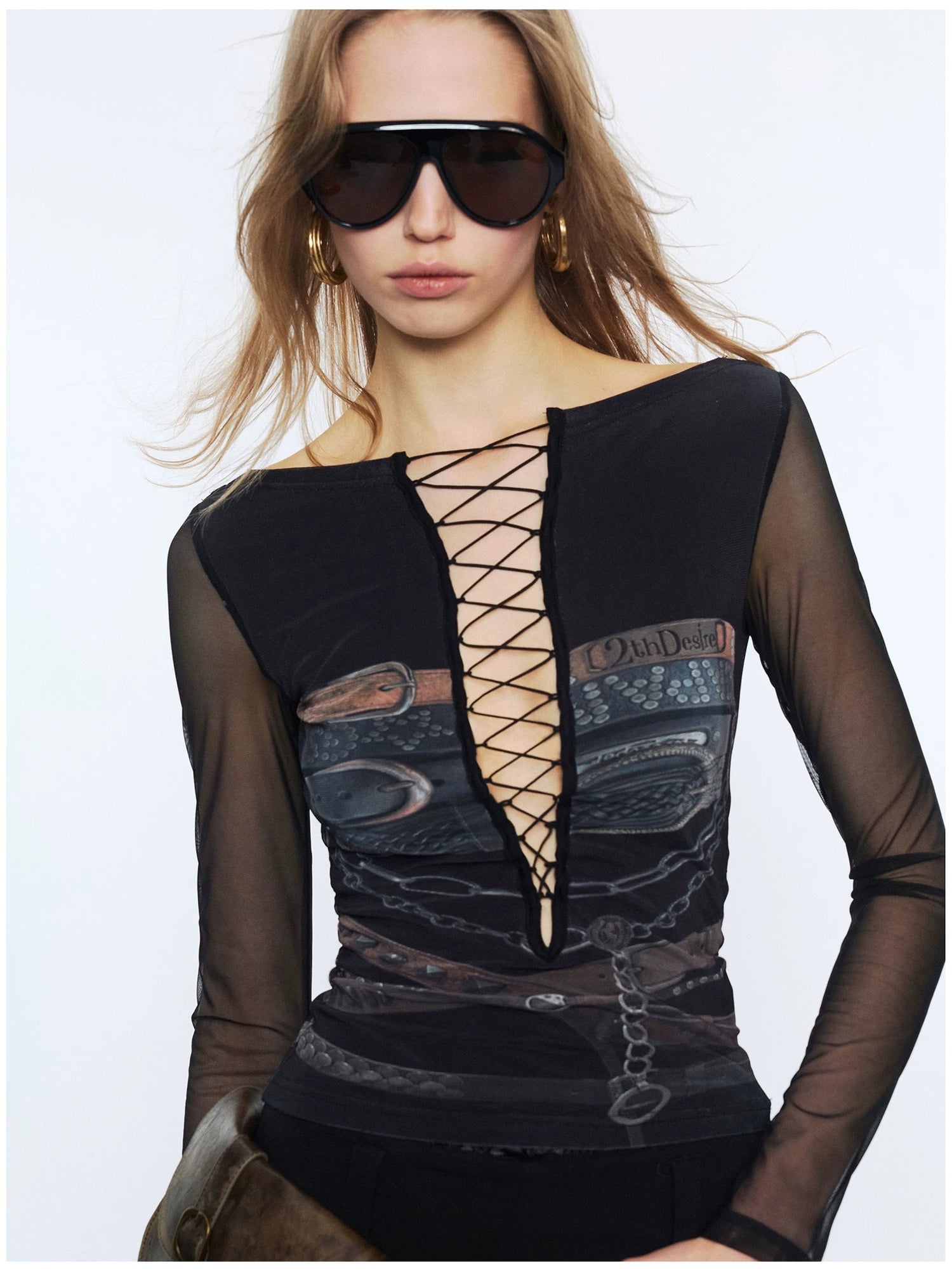 Original Print Mesh Patchwork Tie-Up Base Layer Top
