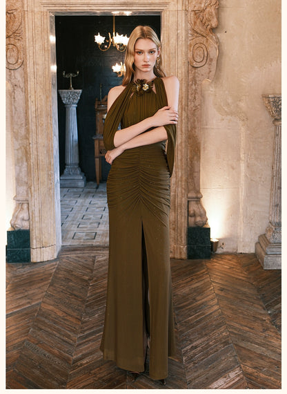 Deva Halter Backless Draped Split Maxi Dress