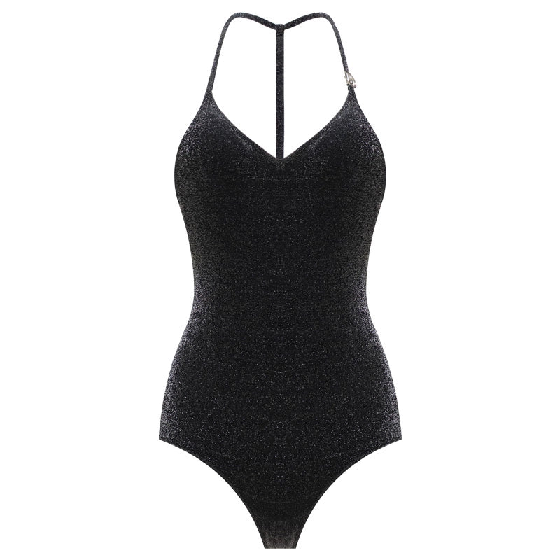 Black Shiny V-neck Triangle One-piece Swimsuit