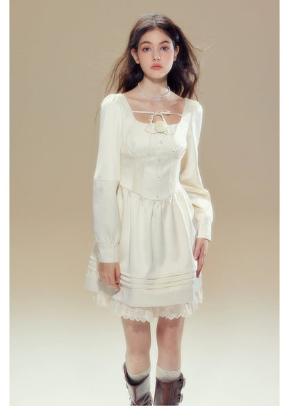 Beige Square Neck Lace Dress - CHINASQUAD