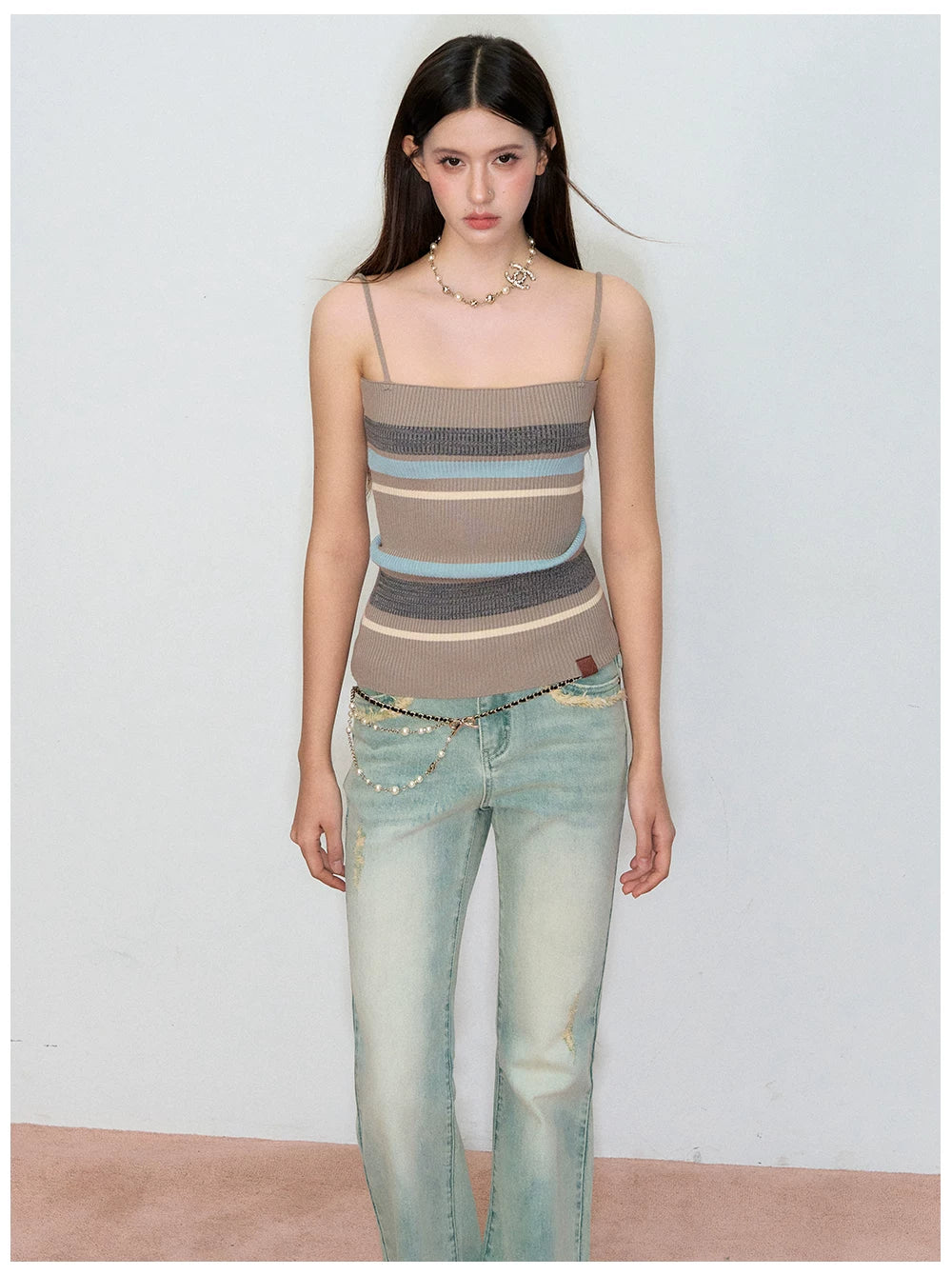 Knit Cardigan &amp; Striped Camisole Two-Piece Set