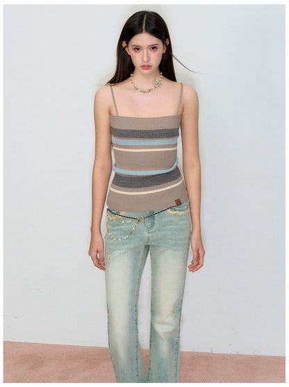 Knit Cardigan &amp; Striped Camisole Two-Piece Set