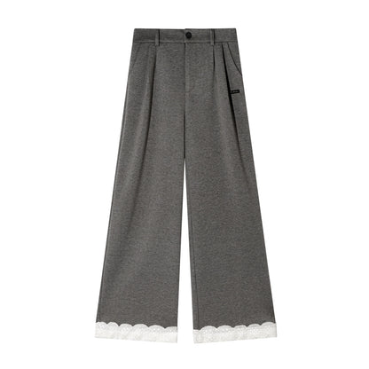 Embroidered Hem Wool Blend Wide-Leg Trousers