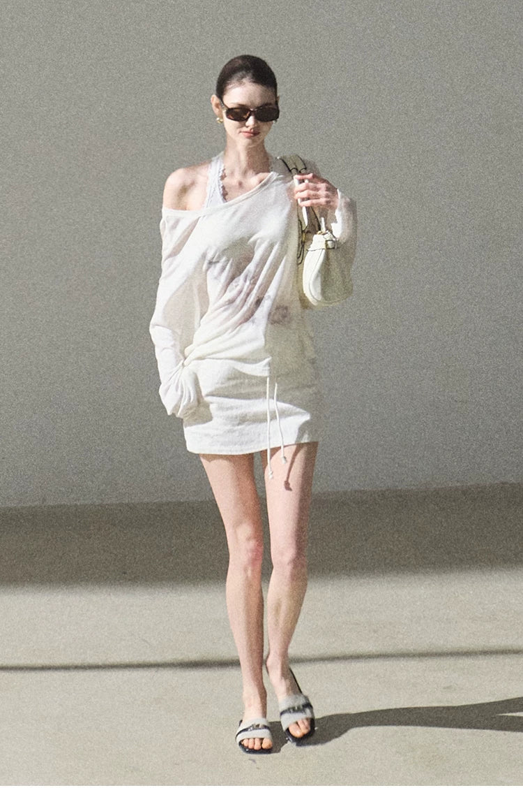 Asymmetric Wool-Modal Lightweight Off-Shoulder Knit T-shirt