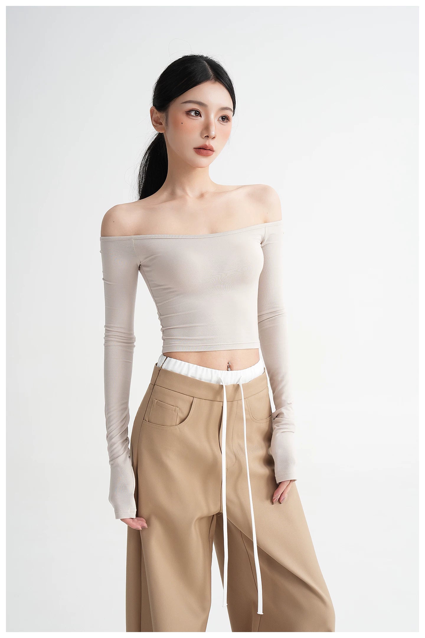 Off-Shoulder Cropped Fitted Long Sleeve T-Shirt